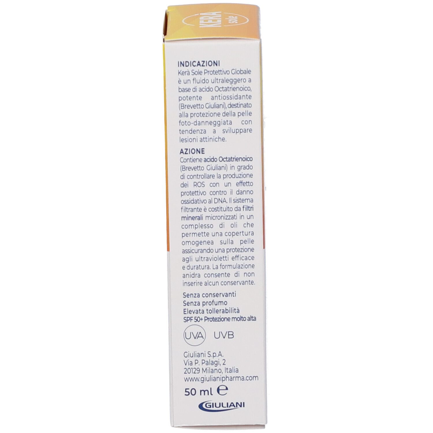 Côté de l'emballage KERÀ Sonnenschutzfluid SPF 50+ avec instructions d'utilisation détaillées.