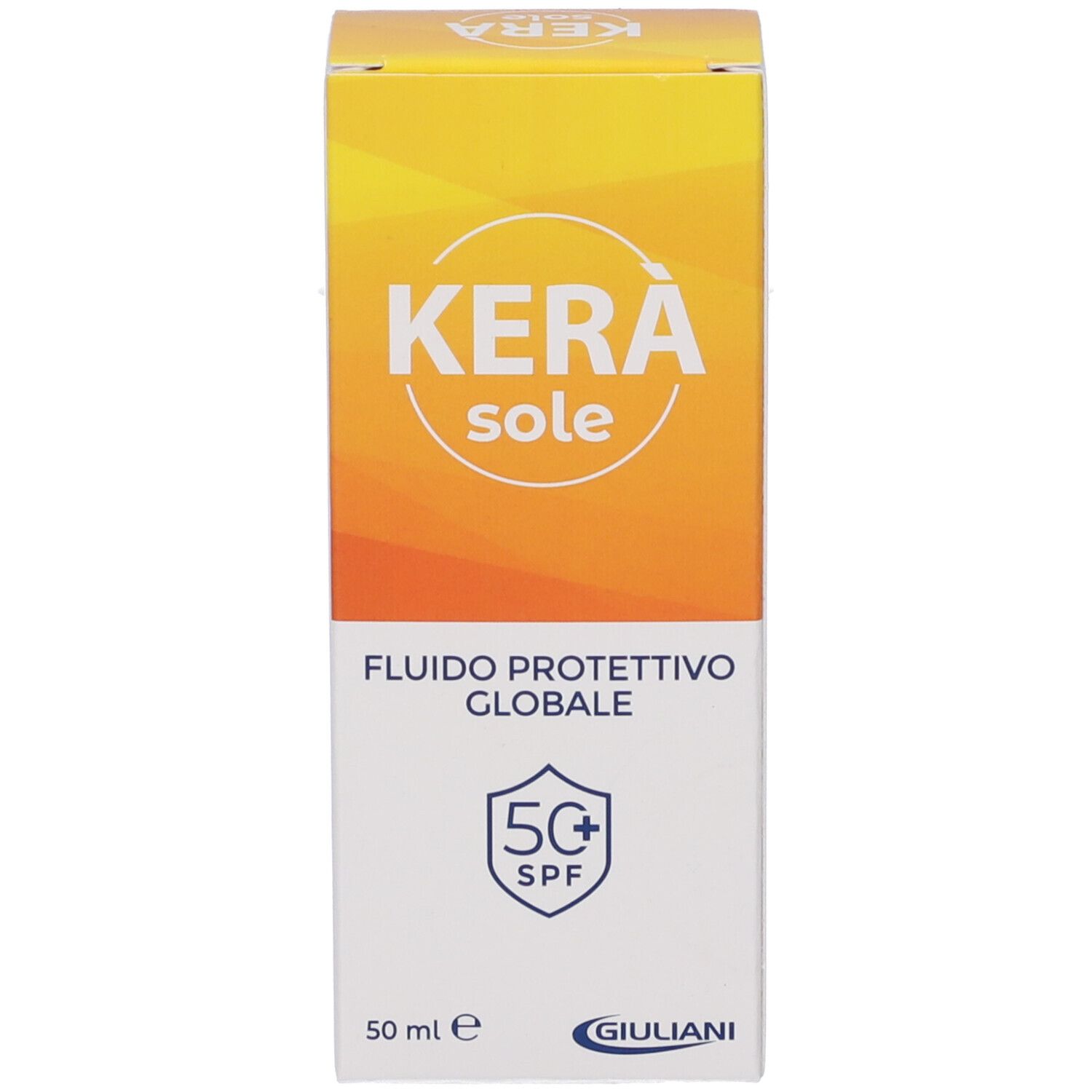 Avant de l'emballage KERÀ Sonnenschutzfluid SPF 50+ avec design jaune-orange et logo SPF 50+.