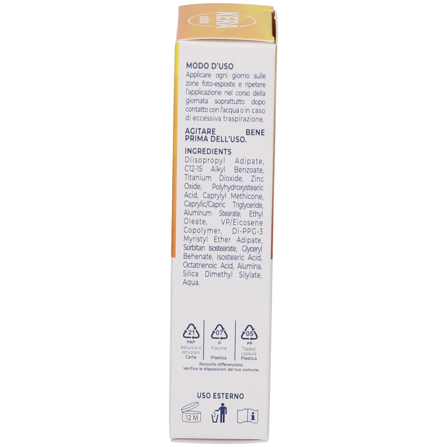 Côté de l'emballage KERÀ Sonnenschutzfluid SPF 50+ avec ingrédients et instructions.