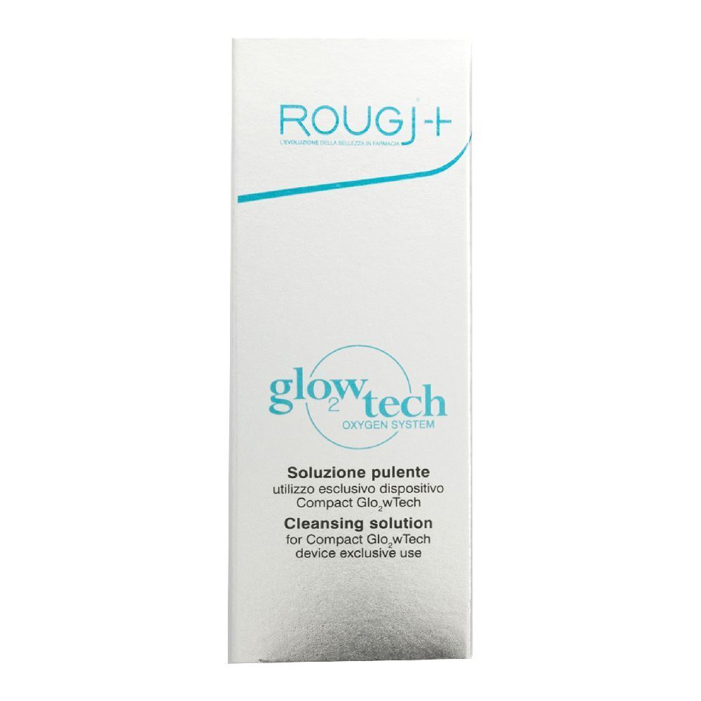 Emballage blanc avec nom et description du produit. Texte en italien et en anglais. Marque : ROUGJ+.