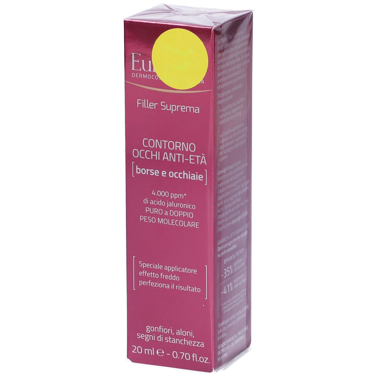 Emballage Euphidra Filler Suprema. Boîte rose avec cercle jaune. Texte: Contorno Occhi Anti-Età, 20 ml.