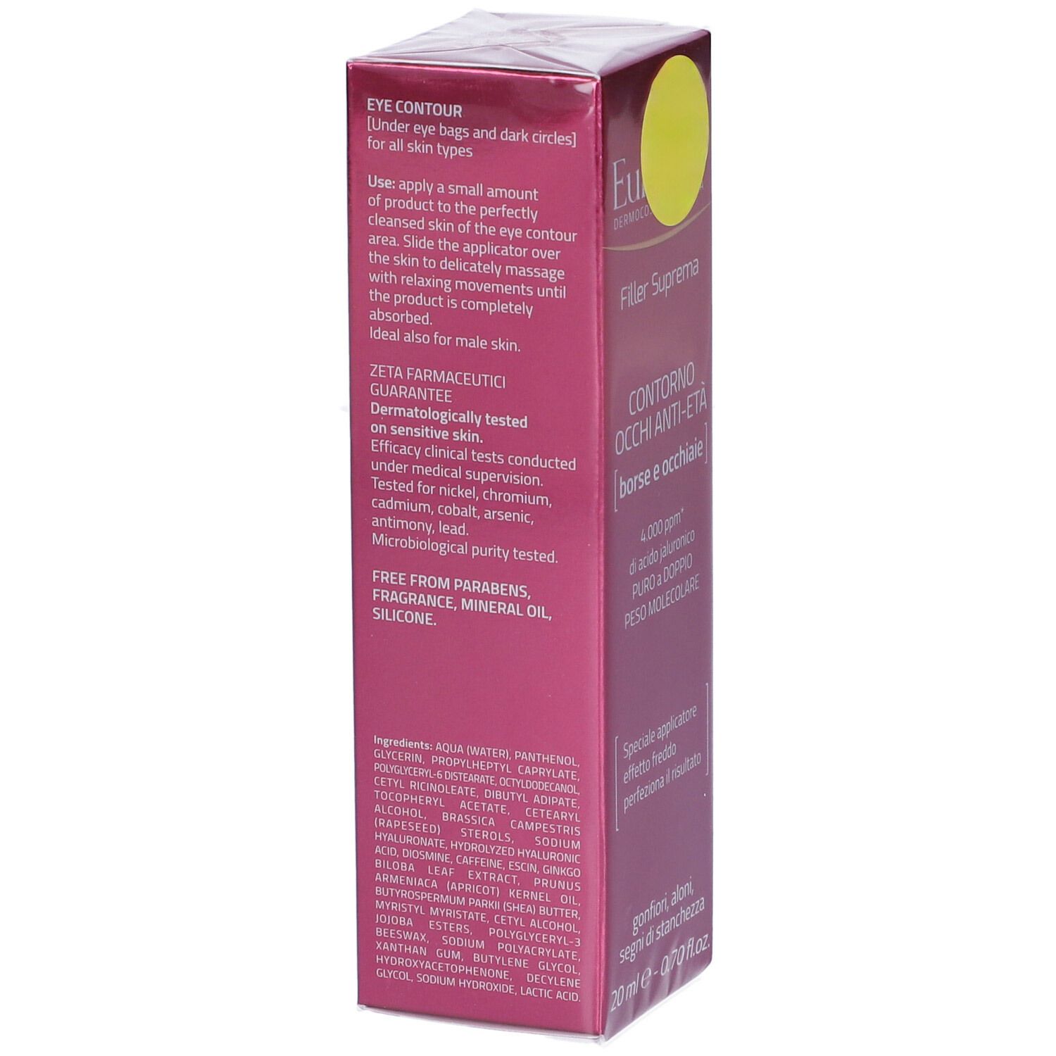 Dos de l'emballage Euphidra Filler Suprema. Texte: ingrédients, utilisation, testé dermatologiquement, sans parabènes.