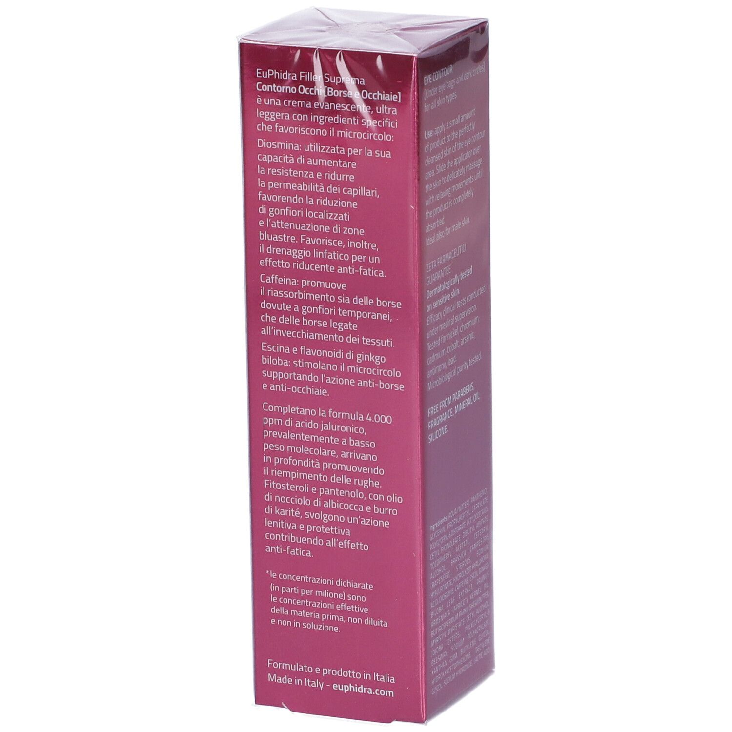 Côté de l'emballage Euphidra Filler Suprema. Texte: ingrédients, utilisation, testé dermatologiquement, sans parabènes.