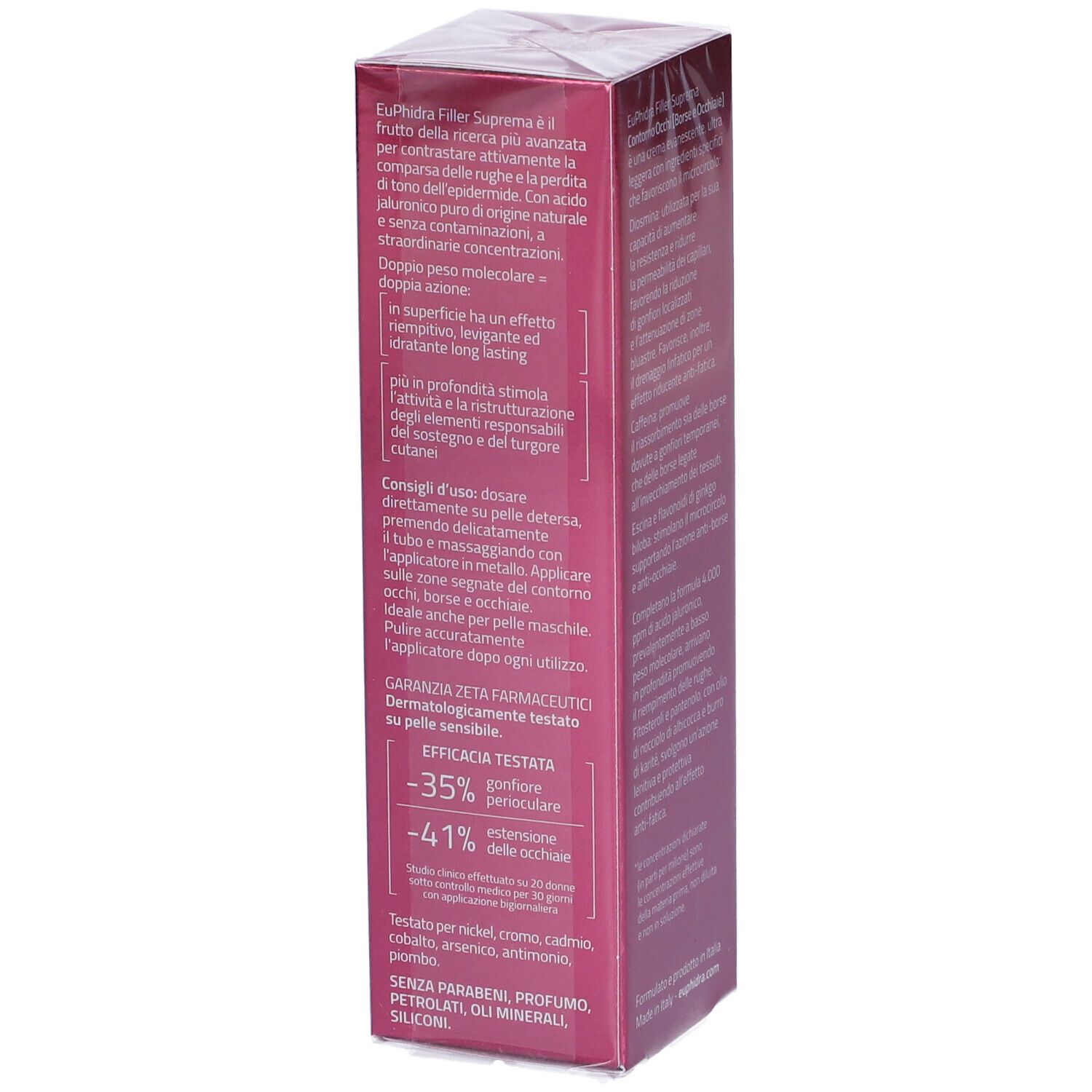 Côté de l'emballage Euphidra Filler Suprema. Texte: testé cliniquement, -35% poches, -41% cernes, sans parabènes.