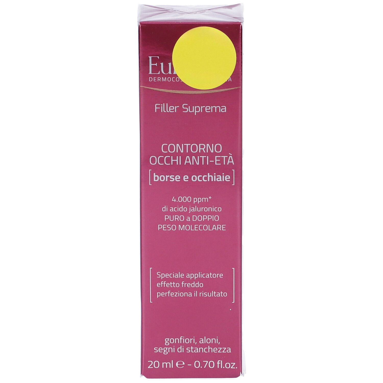 Emballage Euphidra Filler Suprema. Boîte rose avec cercle jaune. Texte: Contorno Occhi Anti-Età, 20 ml.