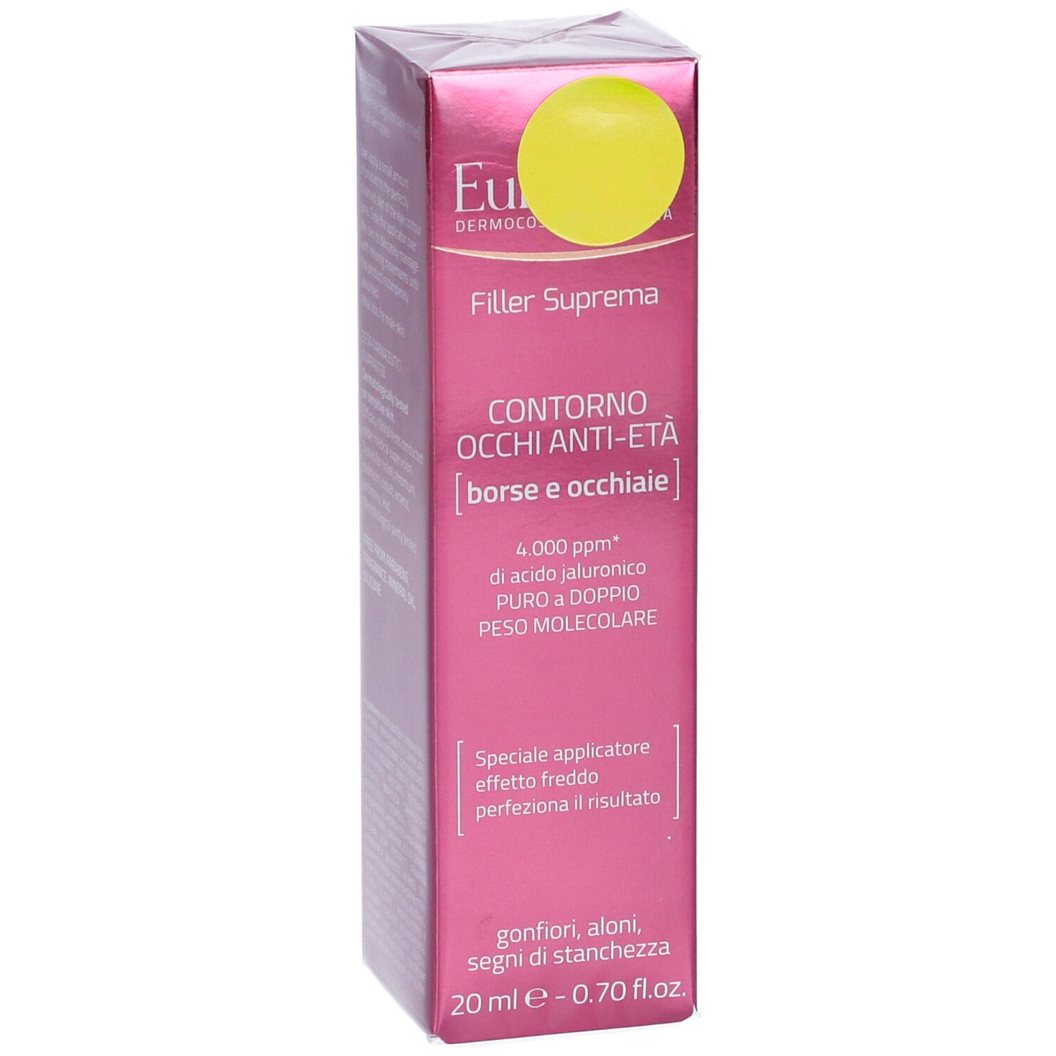 Emballage Euphidra Filler Suprema. Boîte rose avec cercle jaune. Texte: Contorno Occhi Anti-Età, 20 ml.