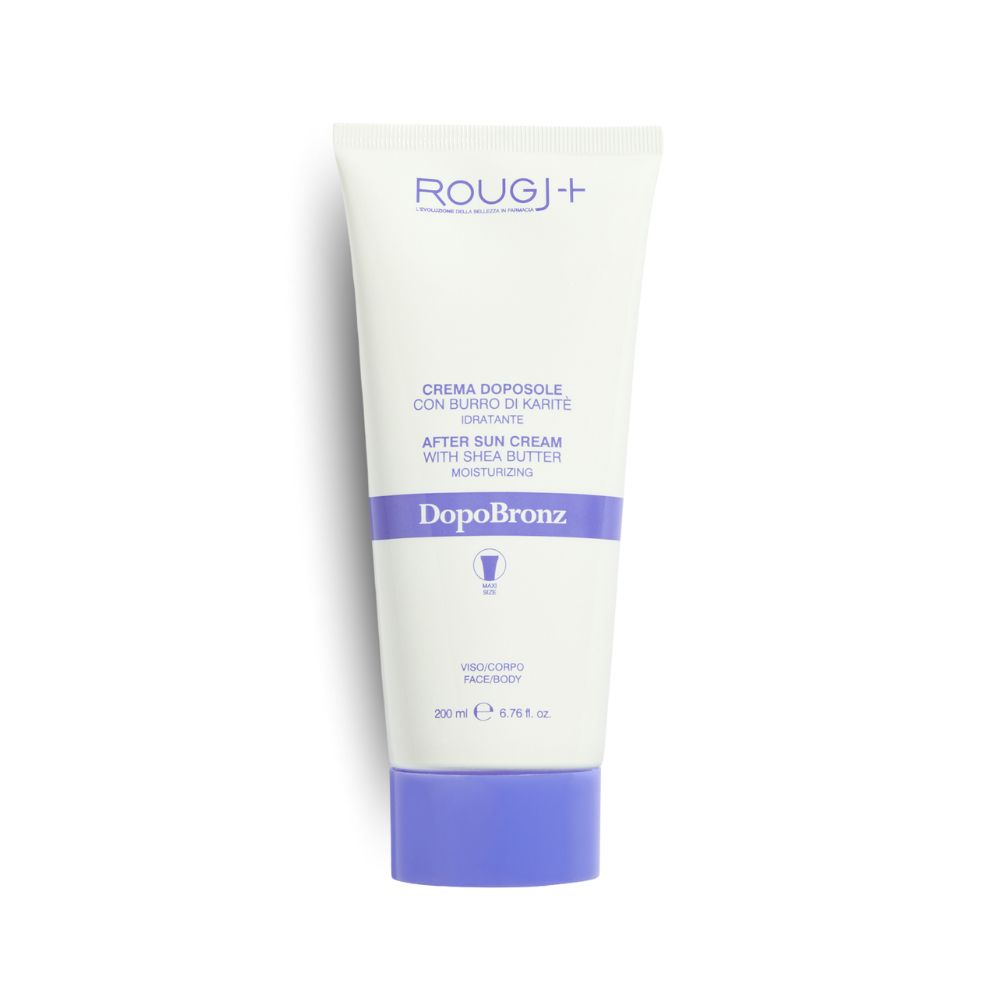 Tube blanc avec bouchon violet. Inscription: ROUGJ+, DopoBronz, After Sun Cream with Shea Butter. Texte en italien.