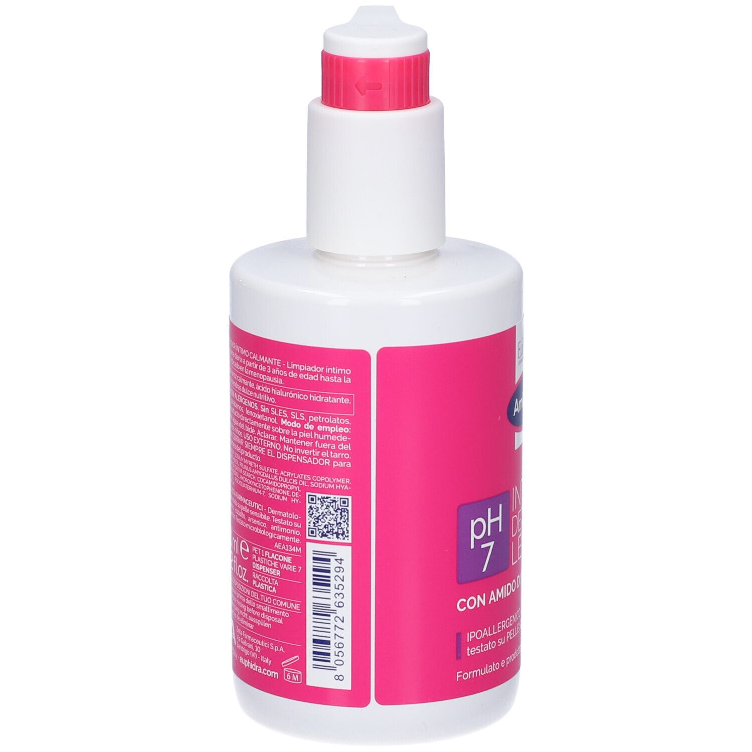 Dos du flacon blanc avec étiquette rose. Contient EuPhidra Amido Mio pH 7. Texte et code-barres.