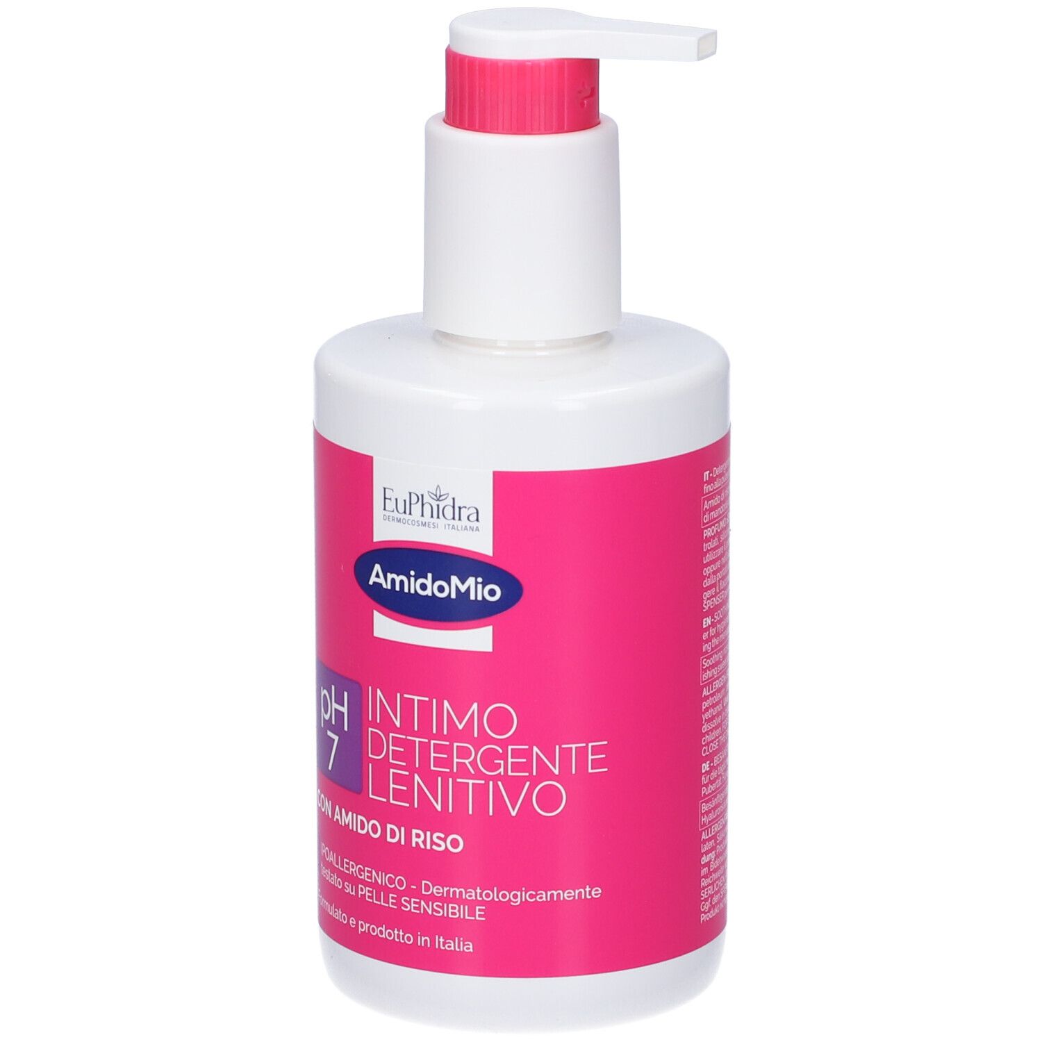 Flacon blanc avec étiquette rose. Contient EuPhidra Amido Mio pH 7. Avec pompe doseuse.