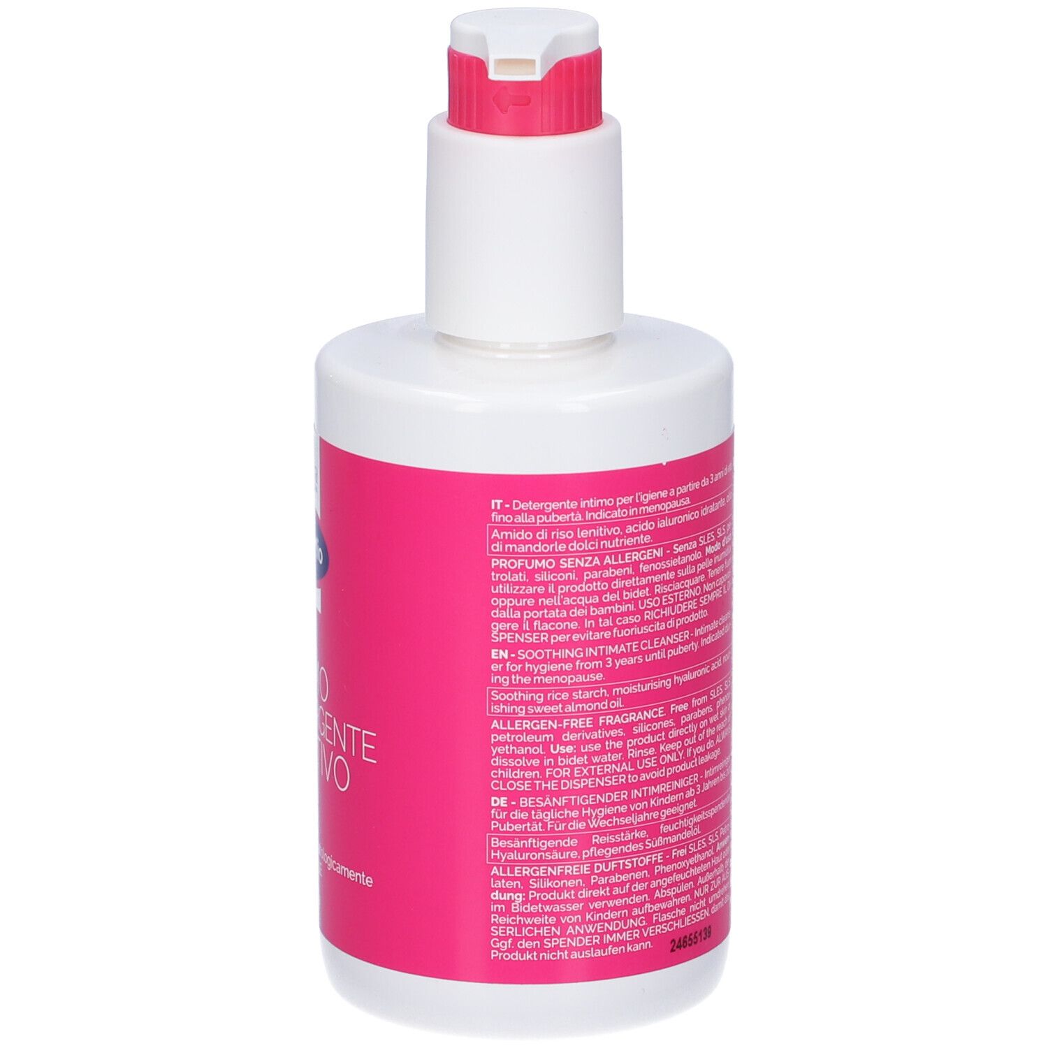 Dos du flacon blanc avec étiquette rose. Contient EuPhidra Amido Mio pH 7. Texte et ingrédients.