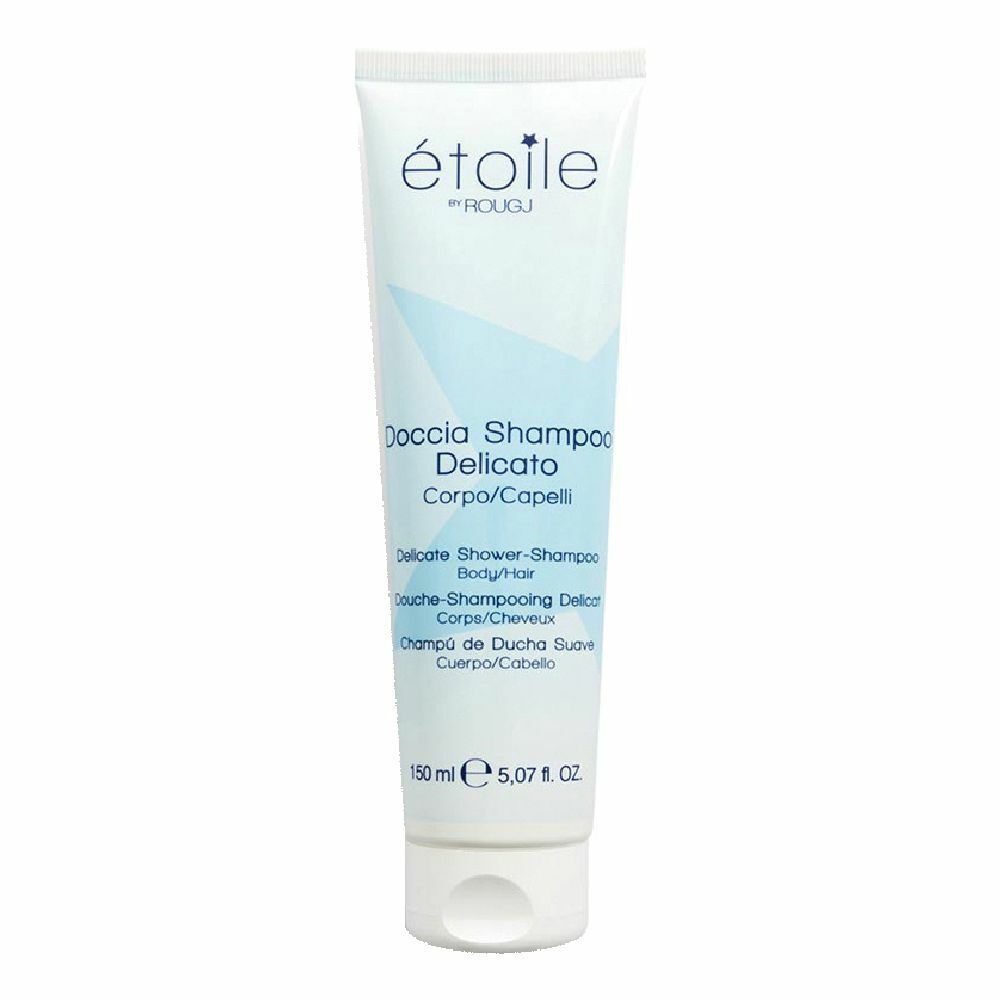 Tube blanc et bleu. Inscription 'étoile by ROUGJ'. 'Doccia Shampoo Delicato' et autres textes. En bas: 150 ml.