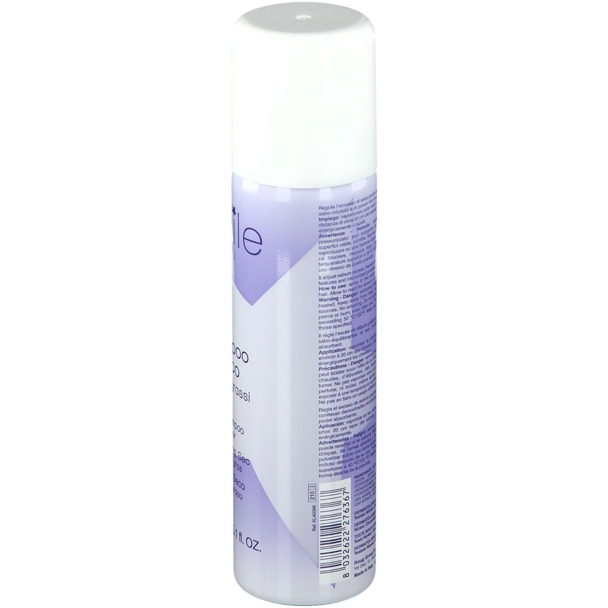 Spray de shampooing sec, dos avec texte. Bouchon blanc, accents violets. Code-barres et avertissements.