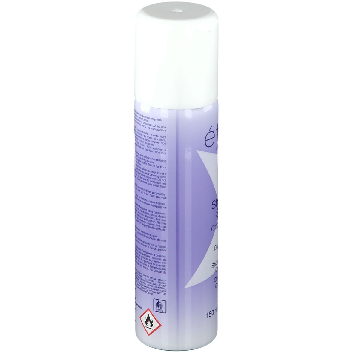Spray de shampooing sec, bouchon blanc, accents violets. Texte : Étoile by Rougj, Shampooing Sec, 150 ml.