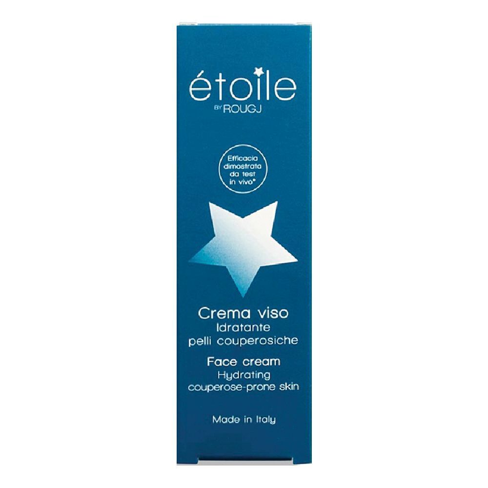 Boîte bleue. Logo étoile by ROUGJ. Texte: Crème viso idratante pelli couperosiche. Fabriqué en Italie. Étoile blanche.