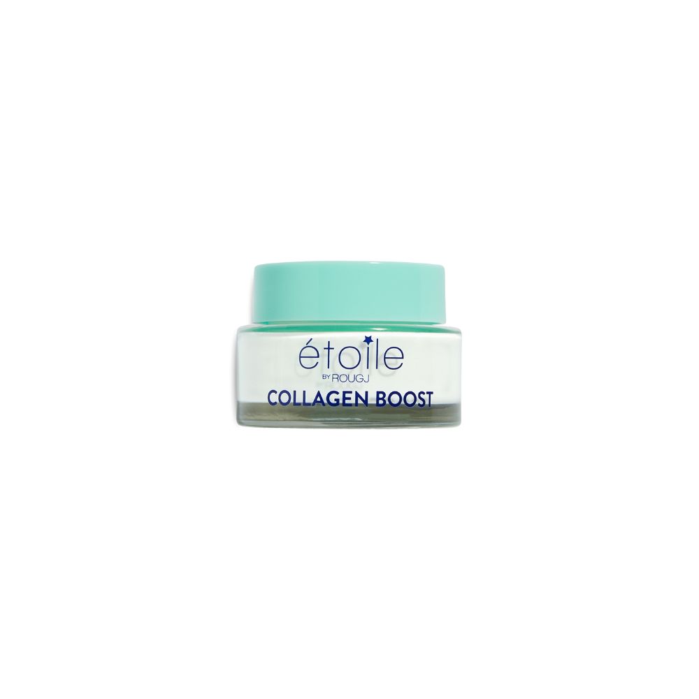 Pot de crème avec couvercle turquoise. Inscription : étoile by ROUGJ, COLLAGEN BOOST.