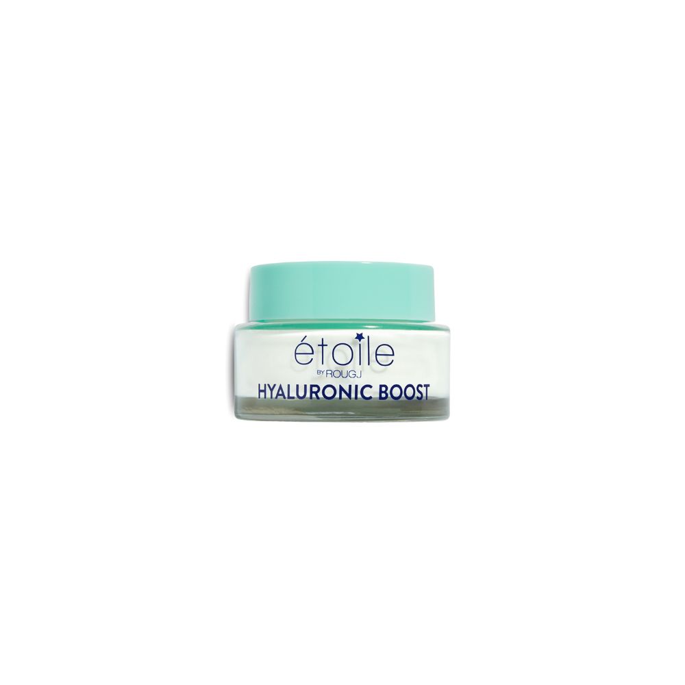 Pot de crème avec couvercle turquoise. Inscription : étoile by Rougj, Hyaluronic Boost.