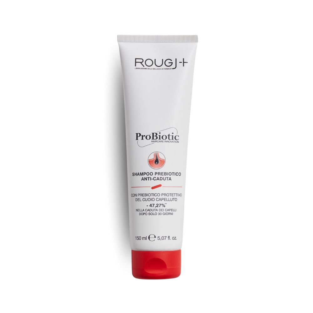 Tube blanche, bouchon rouge. Inscription: ROUGJ+, ProBiotic, Shampooing Anti-chute. 150 ml.