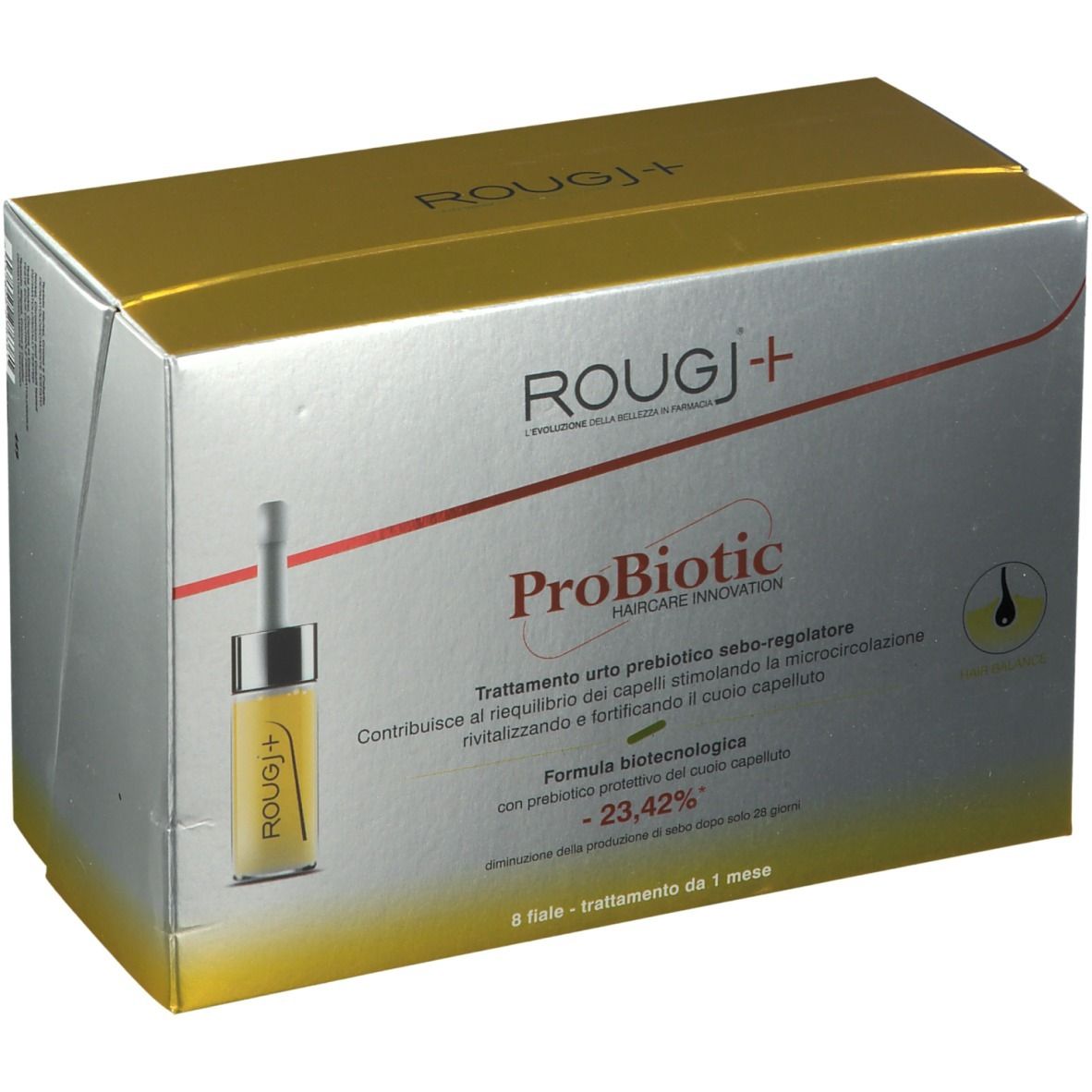 Boîte ROUGJ+ ProBiotic pour soins capillaires. Or et argent. Contient une ampoule de liquide.