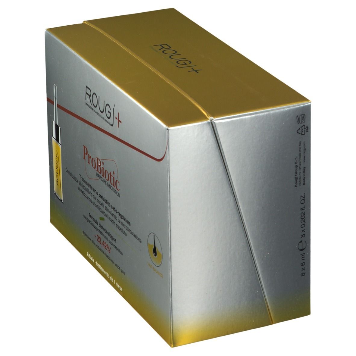Boîte ROUGJ+ ProBiotic pour soins capillaires. Or et argent. Vue latérale avec nom du produit.
