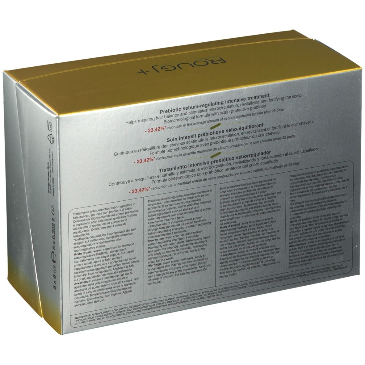 Dos de la boîte ROUGJ+ ProBiotic pour soins capillaires. Texte multilingue. Or et argent.