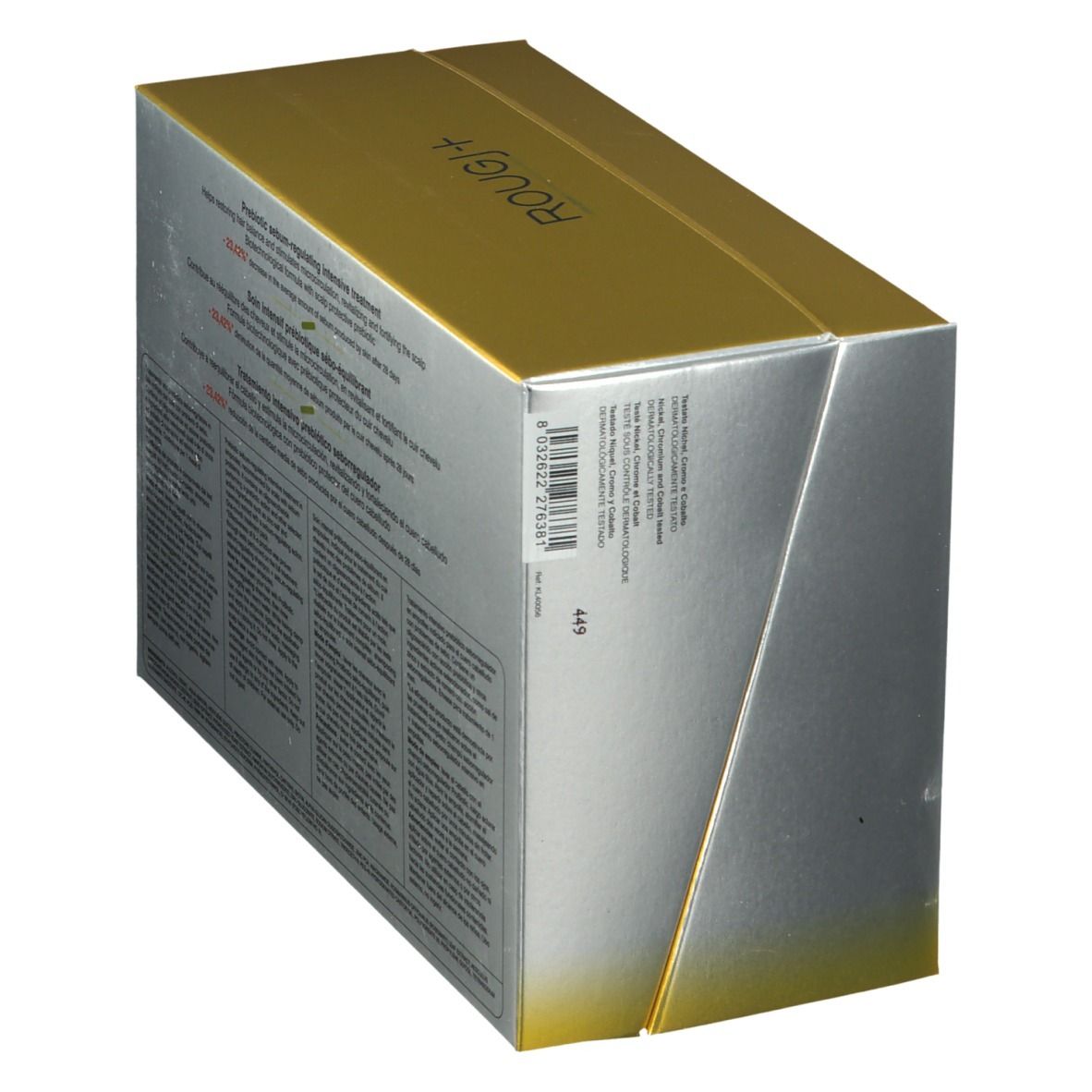Boîte ROUGJ+ ProBiotic pour soins capillaires. Or et argent. Vue latérale avec code-barres.