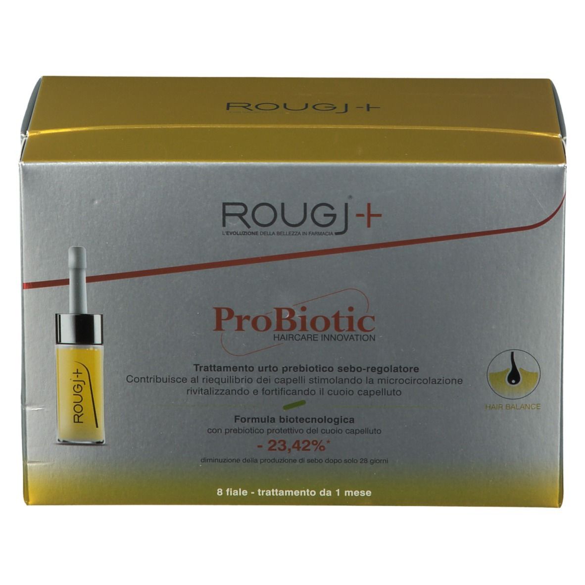 Boîte ROUGJ+ ProBiotic pour soins capillaires. Or et argent. Contient une ampoule de liquide.