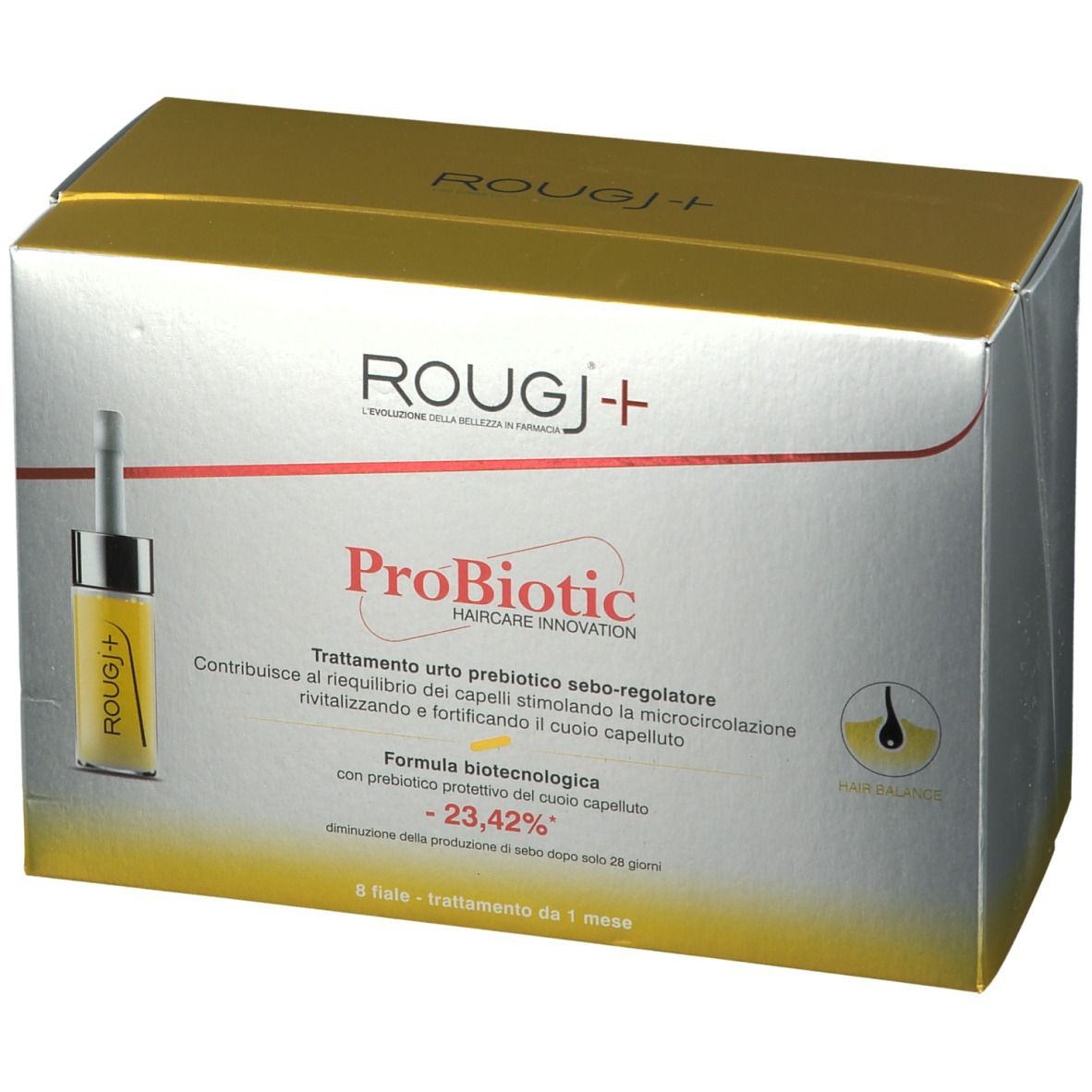 Boîte ROUGJ+ ProBiotic pour soins capillaires. Or et argent. Contient une ampoule de liquide.
