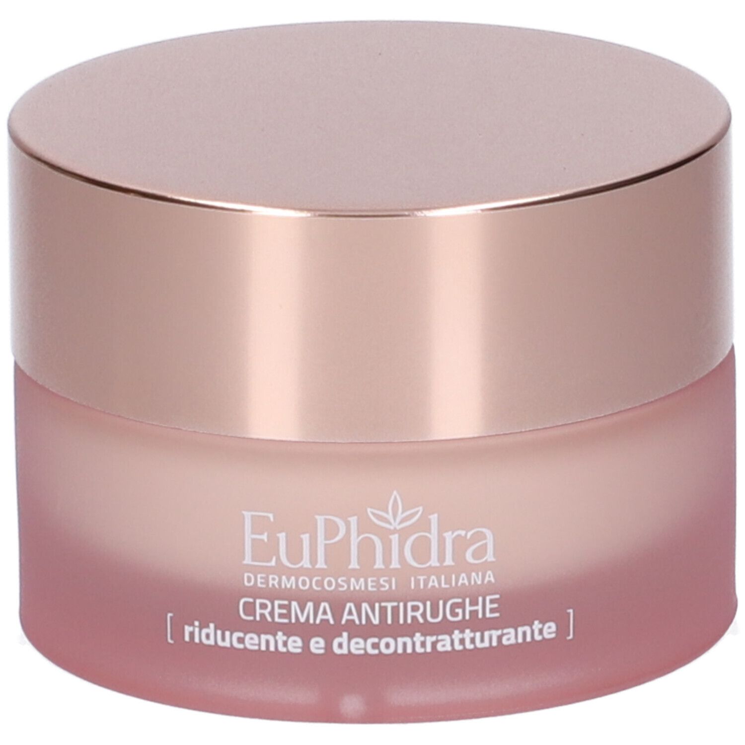 Pot de crème rose et couvercle doré. Inscription: Euphidra, Crema Antirughe, [riducente e decontratturante].