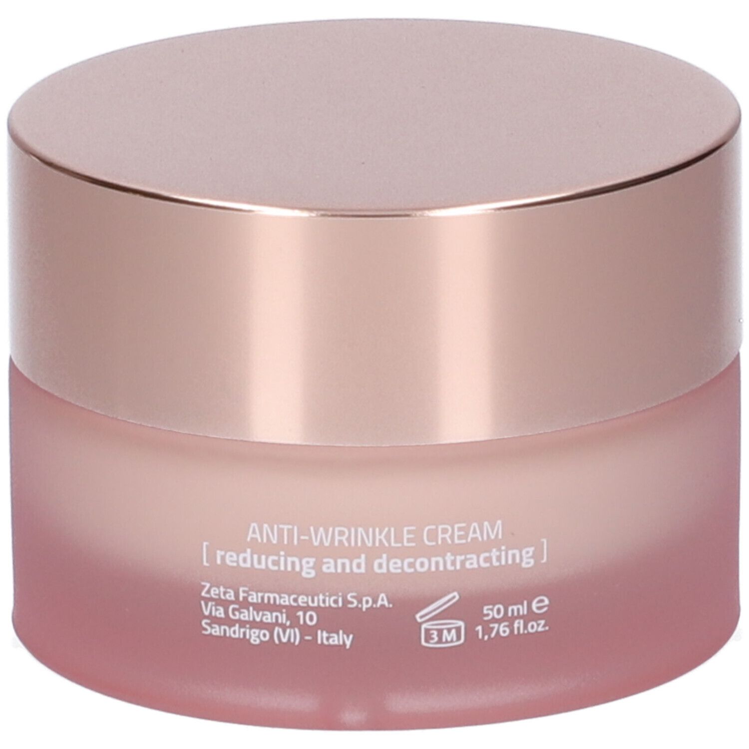 Pot de crème rose et couvercle doré. Inscription: Anti-Wrinkle Cream, Zeta Farmaceutici, 50 ml.
