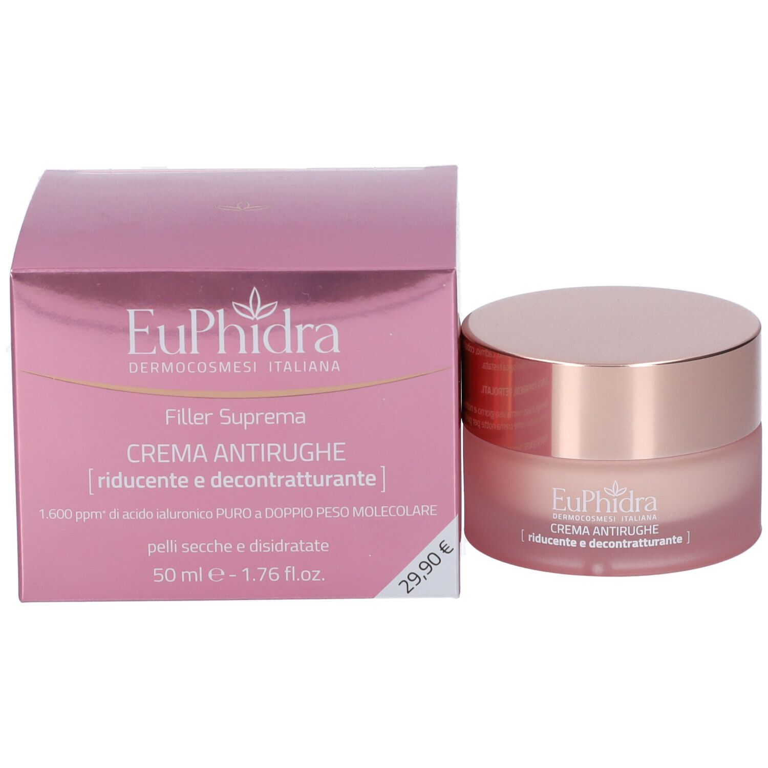 Pot de crème et boîte. Inscription: Euphidra Filler Suprema, Crema Antirughe, 50 ml. Prix: 29,90 €.