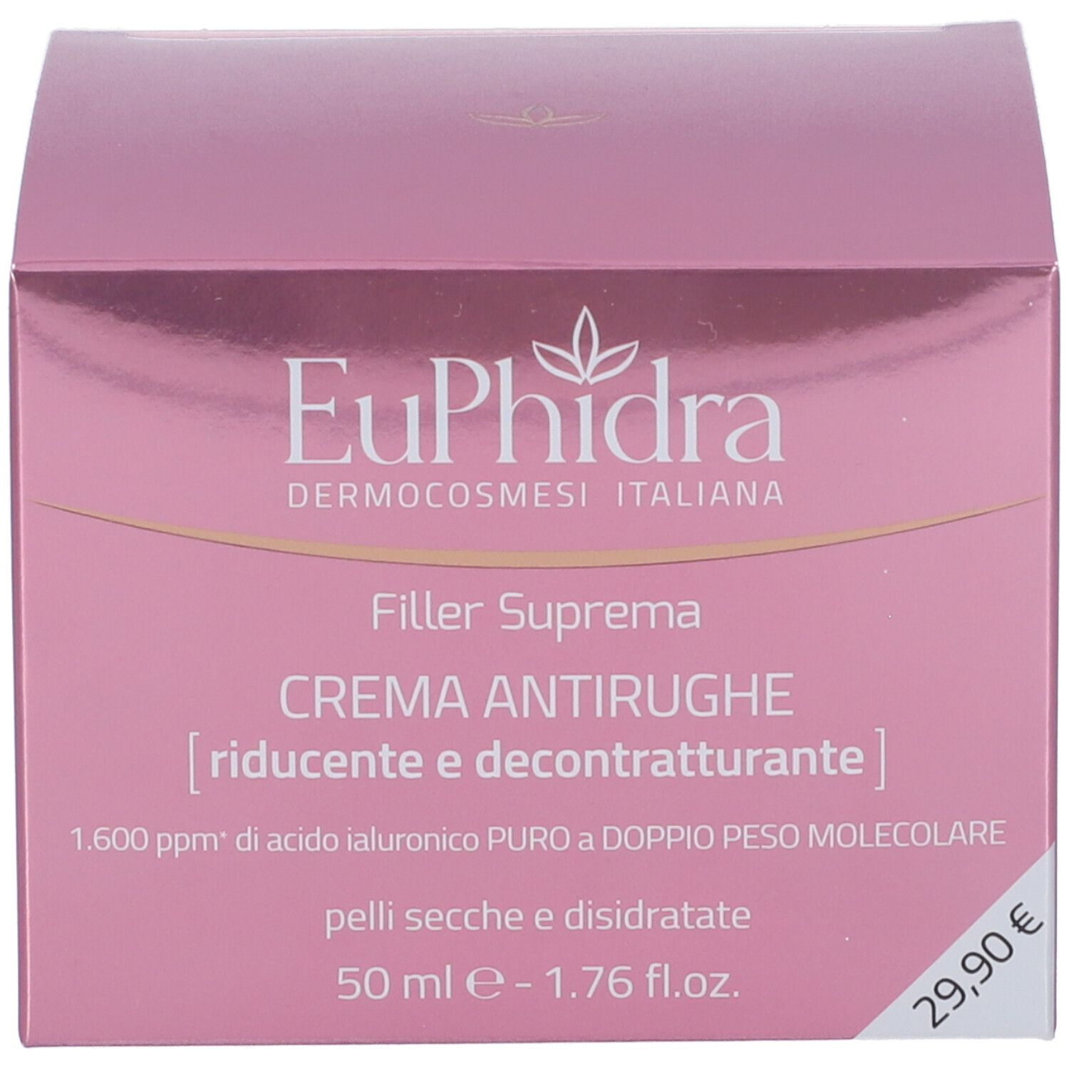 Boîte rose. Inscription: Euphidra Filler Suprema, Crema Antirughe, 50 ml. Prix: 29,90 €.
