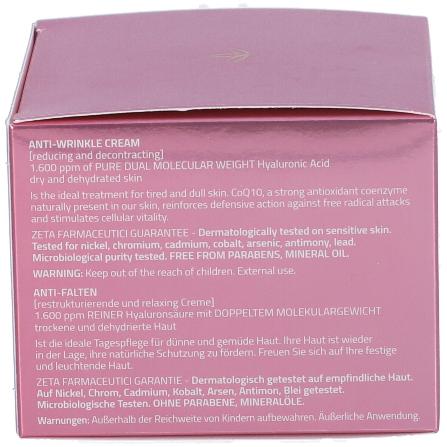 Dos de la boîte. Texte sur Anti-Wrinkle Cream, ingrédients et avertissements.