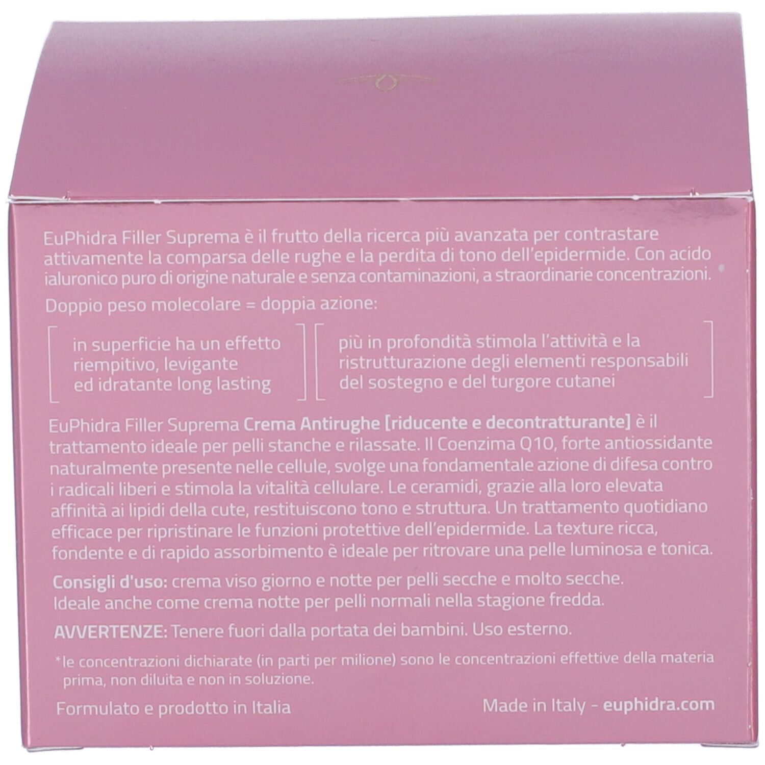 Dos de la boîte. Texte sur Euphidra Filler Suprema, conseils d'utilisation.