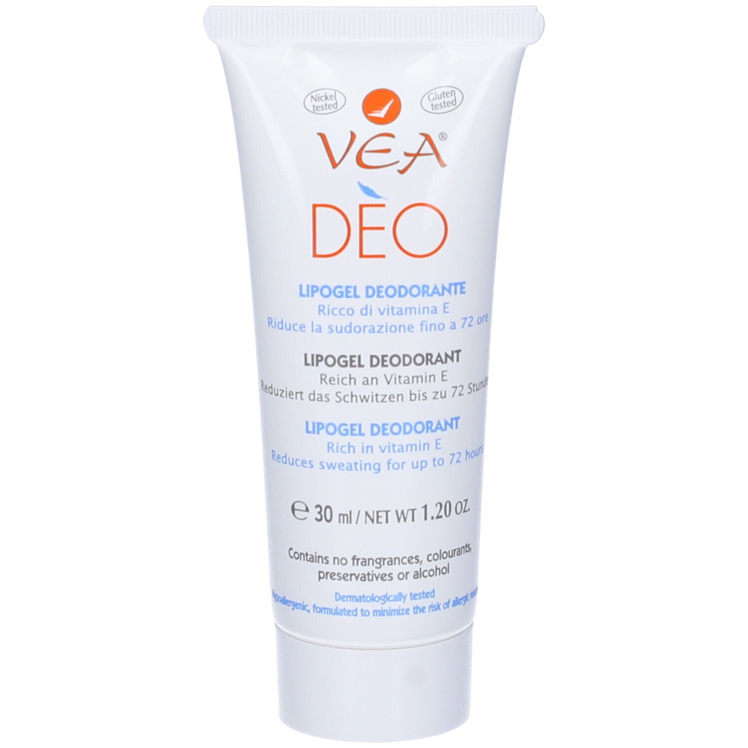 Tube blanc VEA DEO Lipogel Déodorant. Texte multilingue. 30 ml. Testé dermatologiquement.