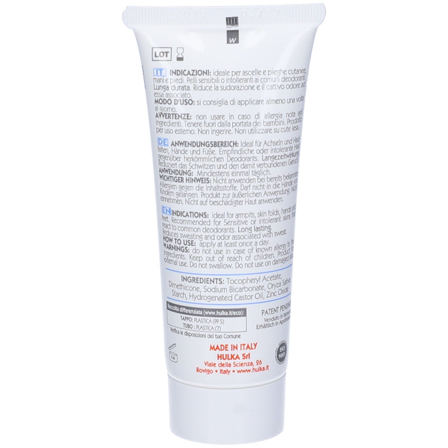Dos d'un tube blanc. Texte multilingue. Ingrédients et instructions. Fabriqué en Italie.