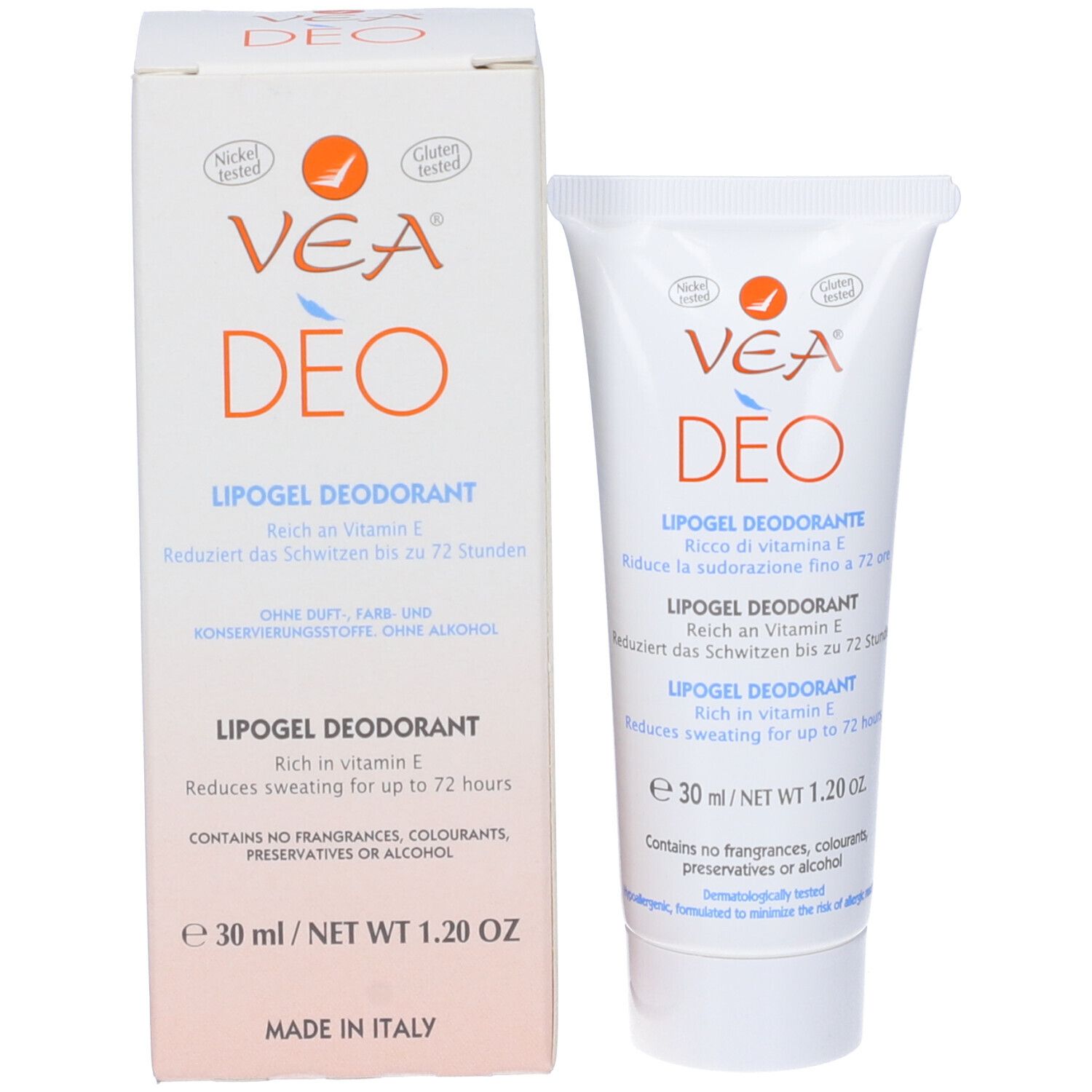 Tube et boîte VEA DEO Lipogel Déodorant. Texte multilingue. 30 ml. Sans gluten et testé au nickel.