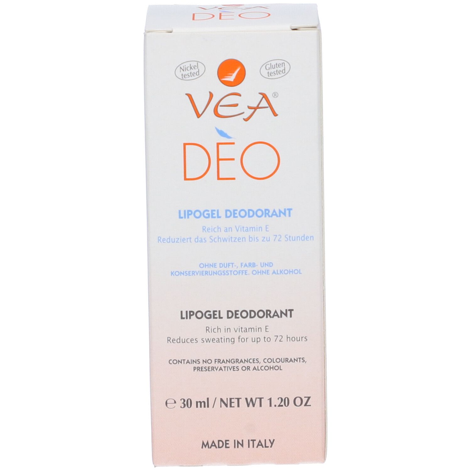 Boîte blanche VEA DEO Lipogel Déodorant. Texte multilingue. 30 ml. Sans gluten et testé au nickel.