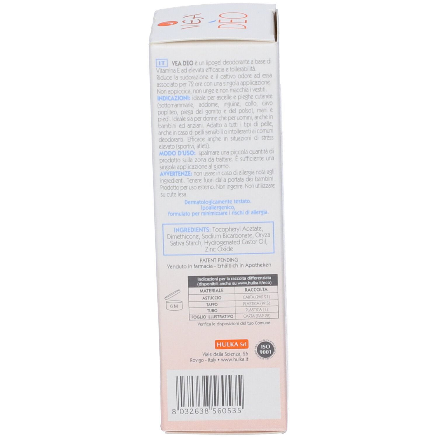 Côté de la boîte VEA DEO Lipogel Déodorant. Texte multilingue. Ingrédients et instructions d'utilisation.