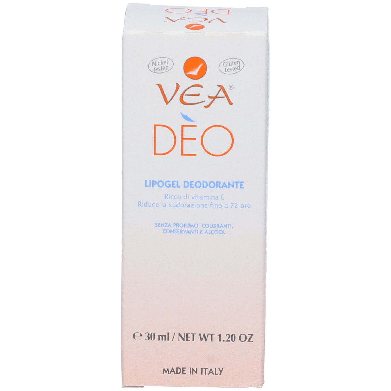 Boîte blanche VEA DEO Lipogel Déodorant. Texte multilingue. 30 ml. Sans parfum, conservateurs.