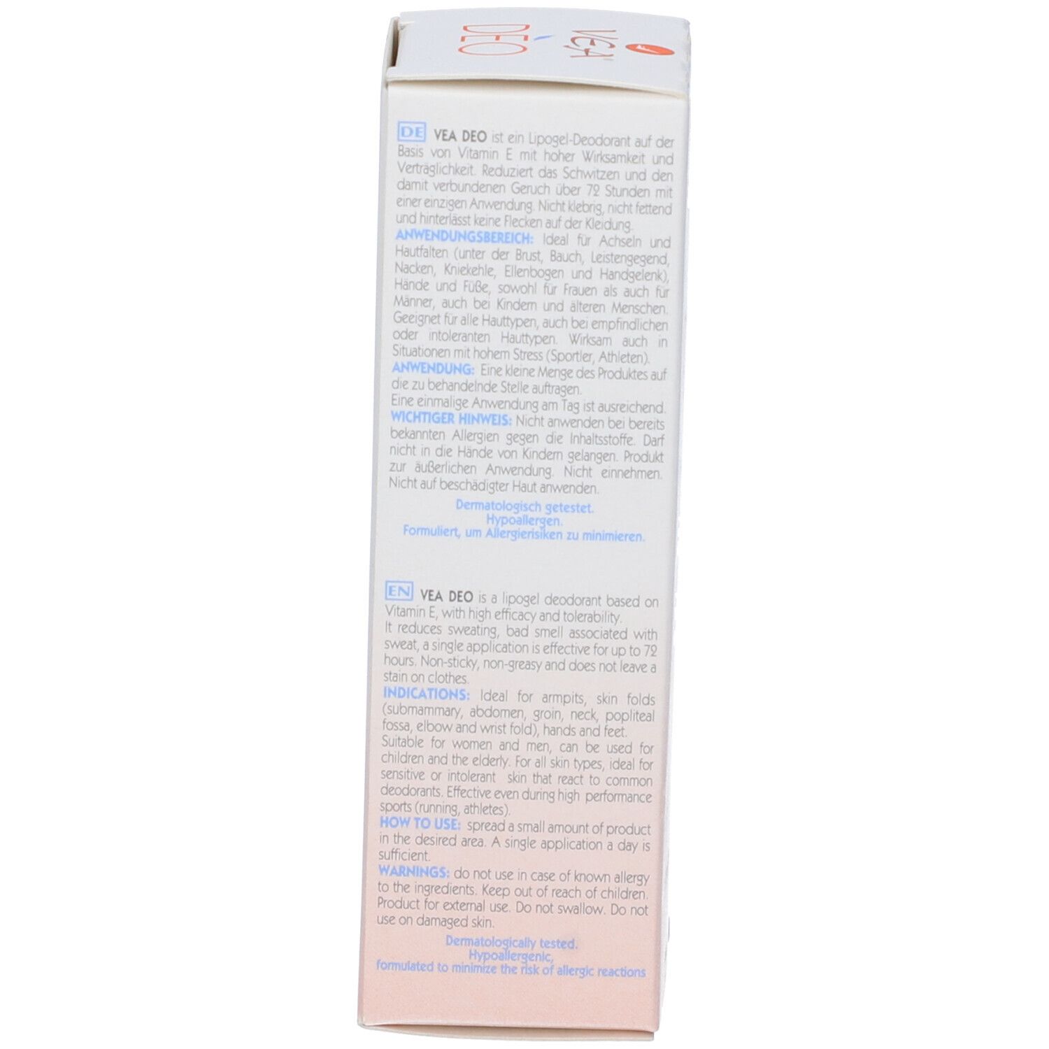 Côté de la boîte VEA DEO Lipogel Déodorant. Texte multilingue. Instructions et ingrédients.