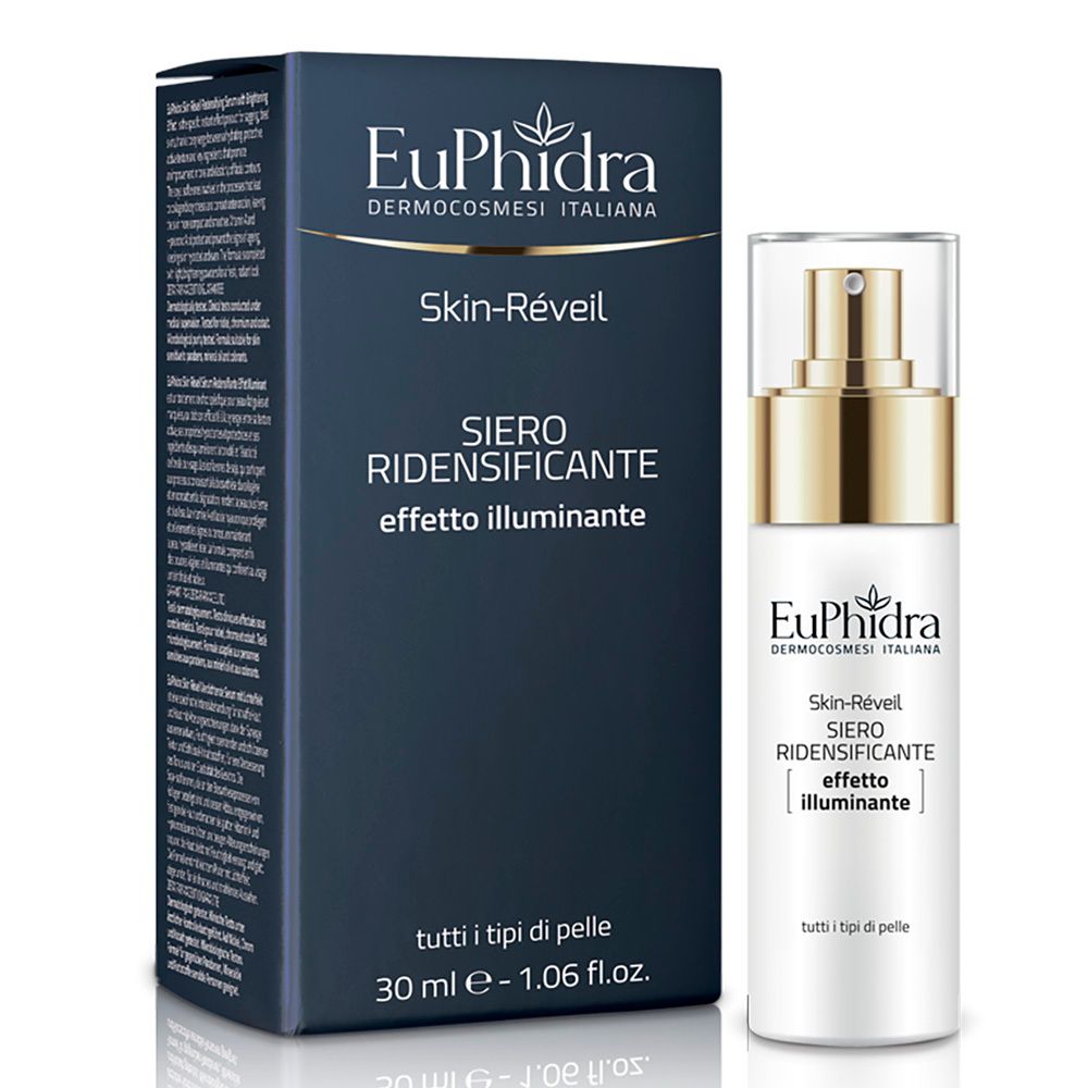 Boîte et flacon bleus foncés. Sur la boîte, Euphidra Skin-Réveil Siero Ridensificante Effetto Illuminante.