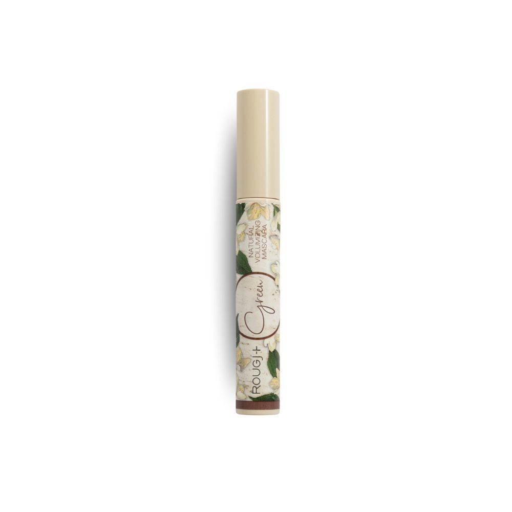 Tube de mascara avec bouchon crème. Inscription: ROUGJ+ Green, Natural Volumizing Mascara.