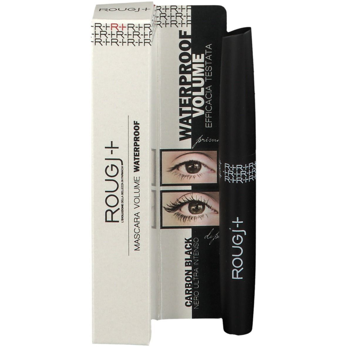 Brosse de mascara noire et emballage. Inscription: ROUGJ+, WATERPROOF, MASCARA VOLUME. Illustration des yeux.