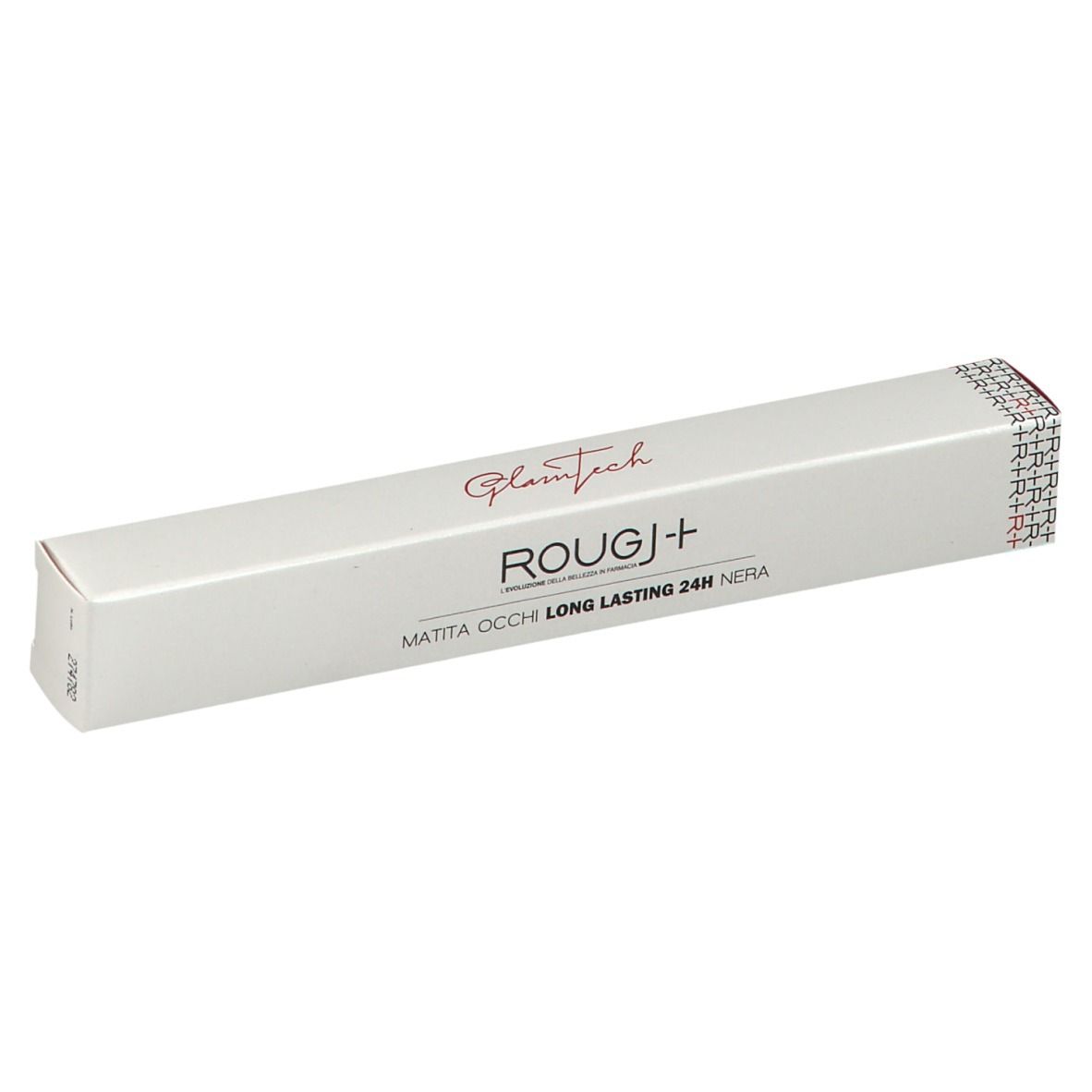 Emballage blanc allongé. Inscription: Glamtech, ROUGJ+, MATITA OCCHI LONG LASTING 24H NERA. Sceau sur le côté.