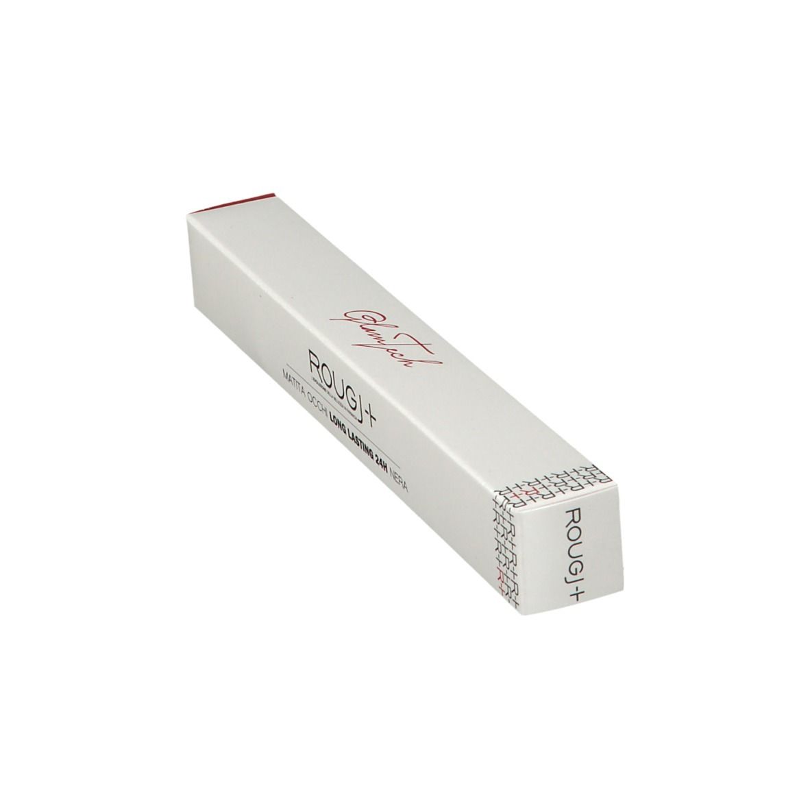 Emballage blanc allongé en biais. Inscription: Glamtech, ROUGJ+, MATITA OCCHI LONG LASTING 24H NERA. Sceau.