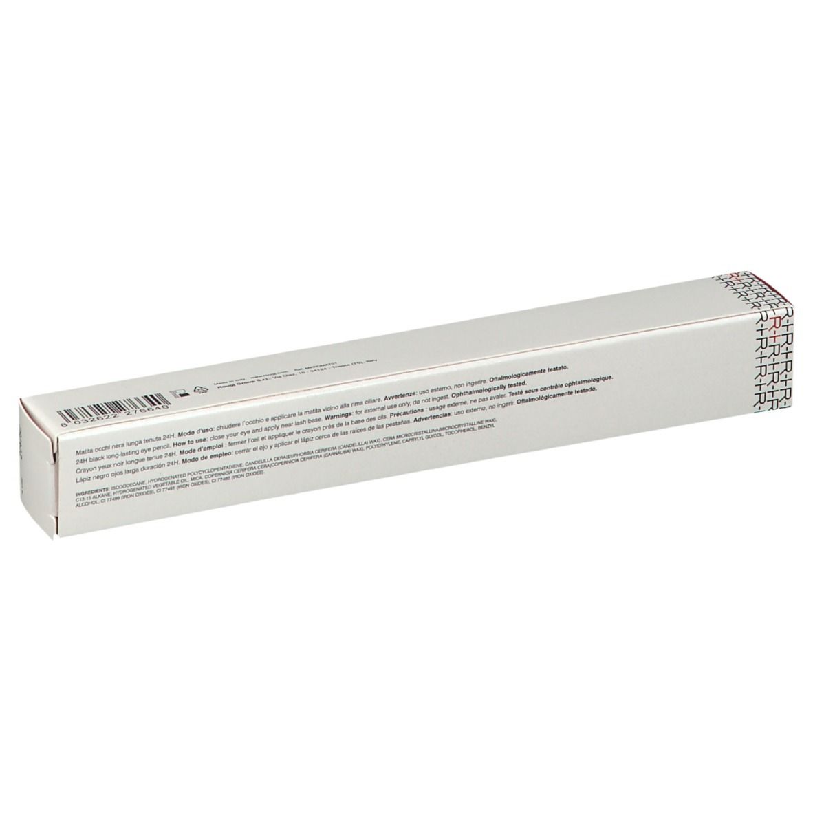 Dos d'un emballage blanc allongé. Texte: Informations sur le produit, ingrédients. Sceau sur le côté.