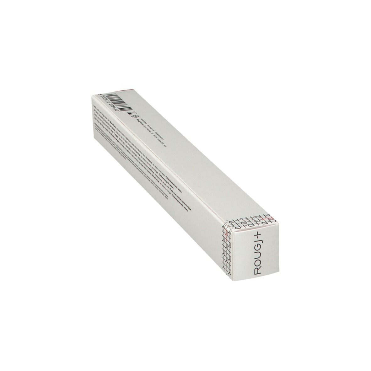 Emballage blanc allongé en biais. Texte: Informations sur le produit, ingrédients. Sceau sur le côté.