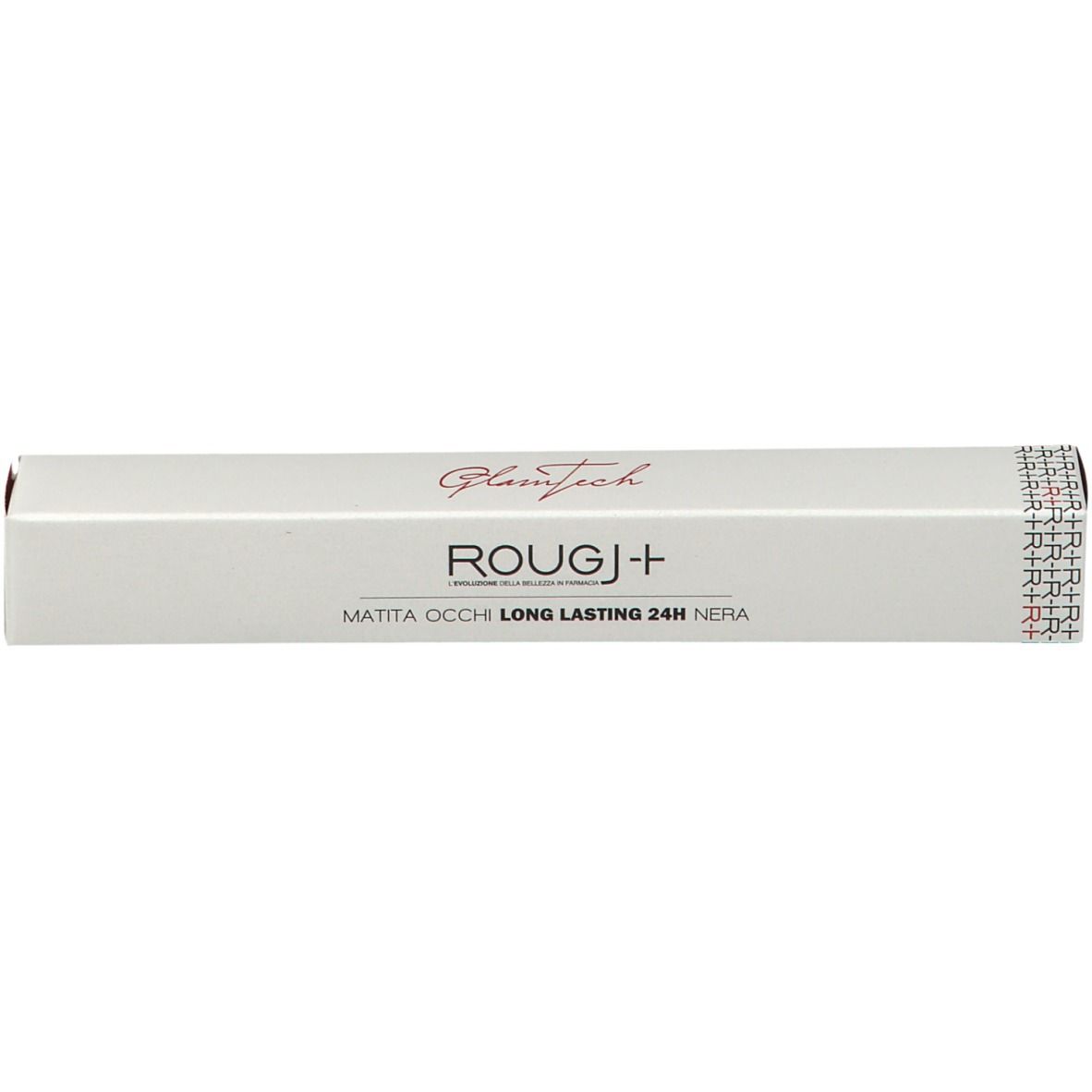 Emballage blanc allongé. Inscription: Glamtech, ROUGJ+, MATITA OCCHI LONG LASTING 24H NERA. Sceau sur le côté.