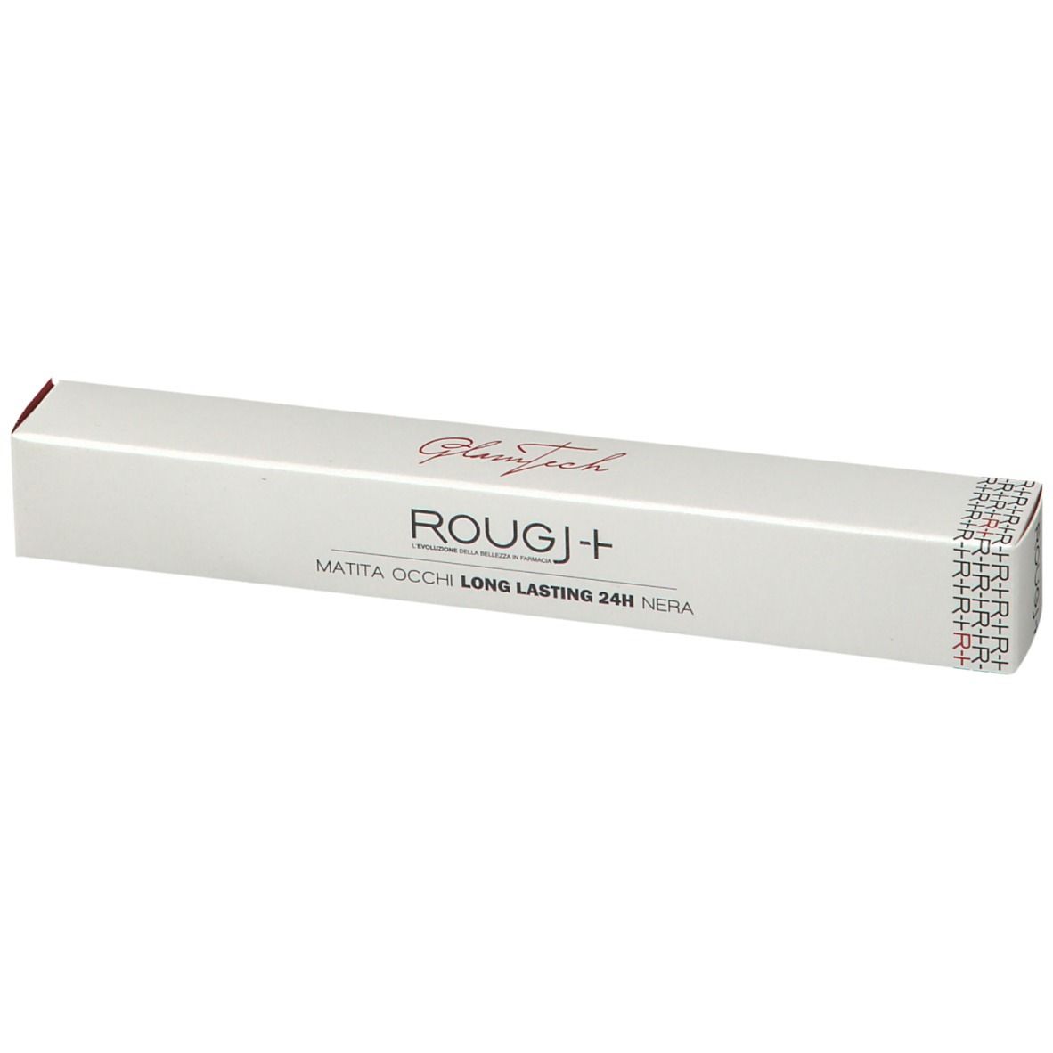 Emballage blanc allongé. Inscription: Glamtech, ROUGJ+, MATITA OCCHI LONG LASTING 24H NERA. Sceau sur le côté.