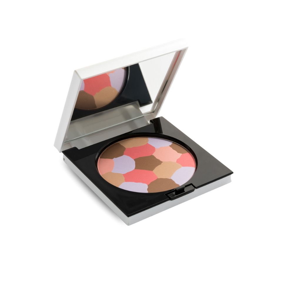 Poudre cosmétique en boîtier noir avec couvercle blanc et miroir. Poudre avec formes irrégulières colorées.